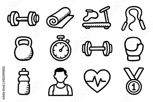 Hand-drawn fitness icons set with dumbbells, treadmill, and heartbeat