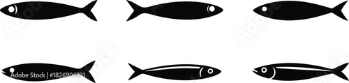 Set of Minimalist black sardine seafood silhouette vector icon