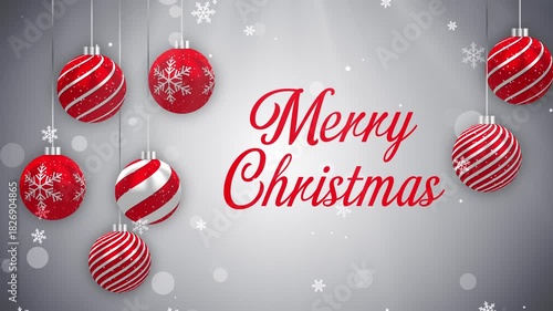 Merry Christmas Greetings Text Background Animation with Christmas baubles and Snow