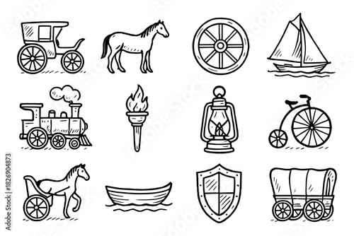Vintage travel icons collection: horse, carriage, sailboat, and more in hand-drawn style