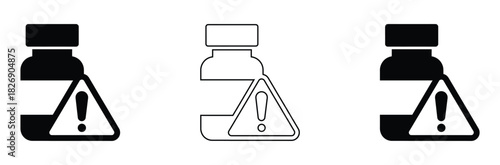 Important product safety warning with alert symbol on medication bottle, stay cautious, use with care, protect family, health awareness, vector icon