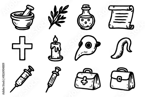 Hand-drawn medical icons featuring mortar, pestle, scroll, and plague mask