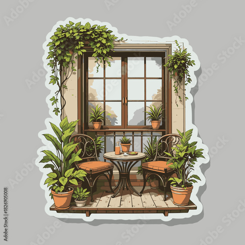 Charming illustration of a balcony scene with plants, table, chairs, and a lovely window