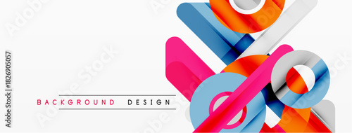 Abstract geometric shapes overlap, creating dynamic colorful composition. White background emphasizes vibrant design elements.