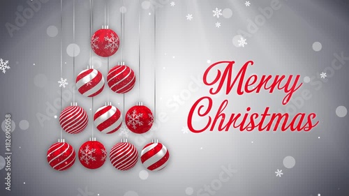 Merry Christmas Greetings Text Background Animation with Christmas baubles and Snow