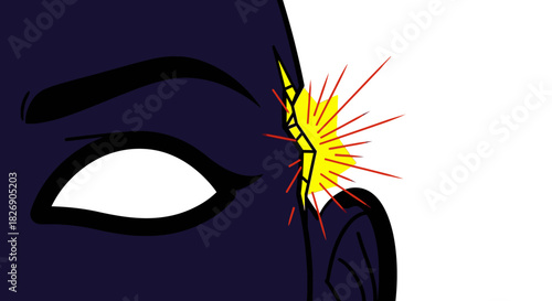 An illustration depicts a character's face with a crack, emanating a burst of yellow light, symbolizing inner turmoil.