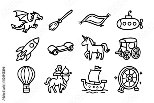 Collection of linear fantasy and adventure icons featuring mythical creatures and magical transport