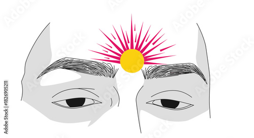 An illustration depicts a person's eyes with a sun symbol between the eyebrows, symbolizing inner peace and enlightenment.