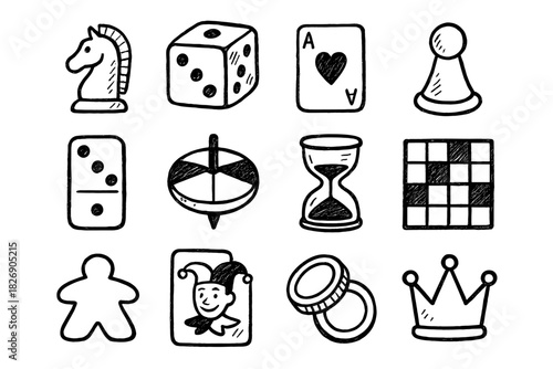 Hand drawn game elements collection featuring chess, dice, and cards