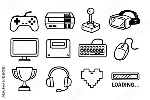 Retro gaming icons collection featuring classic controllers and accessories