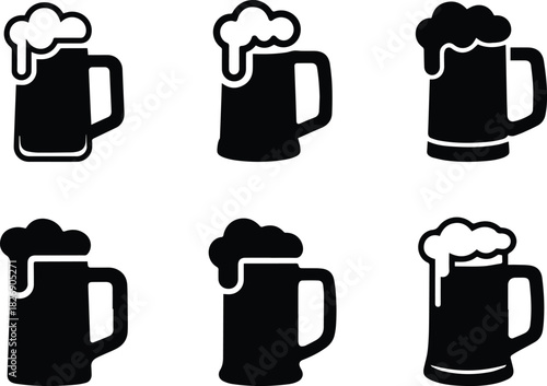 Set of Minimalist black beer mug beverage silhouette vector icon