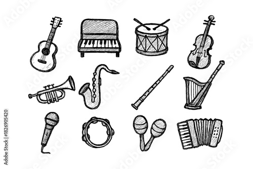 Hand drawn musical instruments sketch collection with guitar, violin, piano, and more