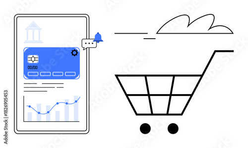 Mobile interface with virtual credit card, analytics, banking icon, and shopping cart. Ideal for e-commerce, online payment, shopping, fintech data analysis technology retail. Simple flat metaphor