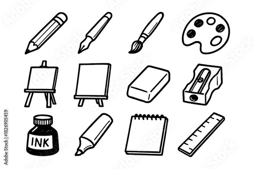 Set of hand drawn art supplies: pencils, brushes, easel, palette, and more