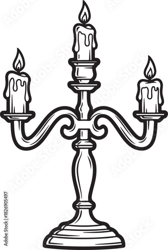 Elegant Vintage Candelabra with Three Lit Candles in Detailed Line Art.