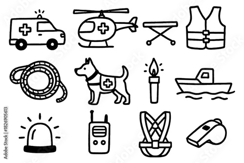 Emergency equipment icons: ambulance, helicopter, rescue tools in hand-drawn style