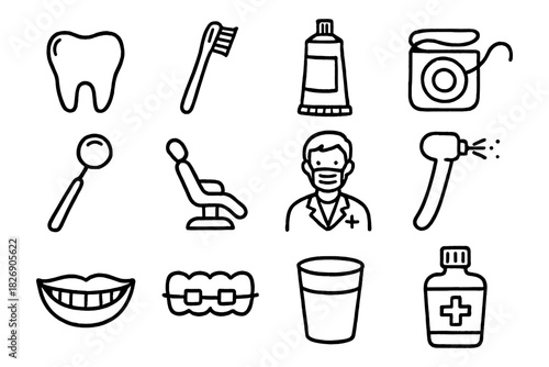 Dental care icons: hand-drawn collection featuring tools and hygiene essentials
