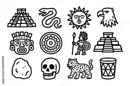 Ancient mesoamerican icons: glyphs of warriors, animals, and temples