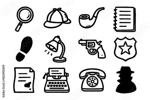 Detective icon set featuring classic tools and symbols in hand-drawn style