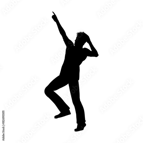 Silhouette of Dynamic Man: A striking silhouette captures a man in mid-motion, with his arm raised triumphantly, personifying ambition and progress against the plain backdrop.