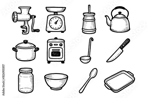 Hand drawn kitchenware collection featuring vintage cooking utensils and appliances