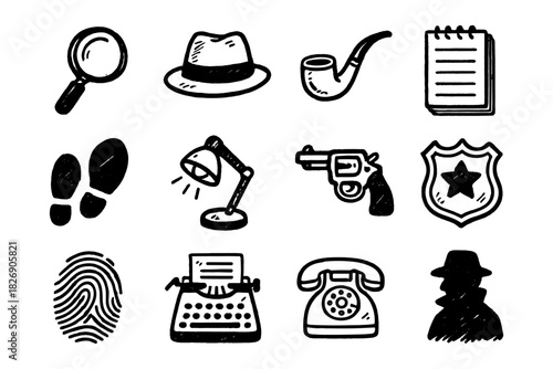 Detective elements: vintage style crime and investigation icons