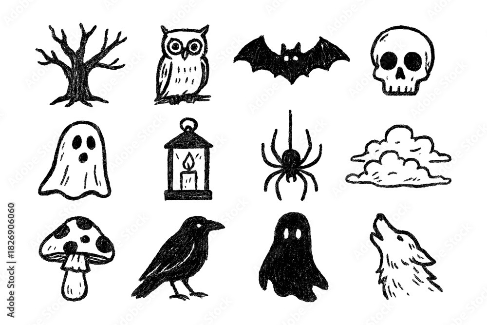 Obraz premium Halloween doodle set: spooky icons featuring owl, skull, ghost, and more