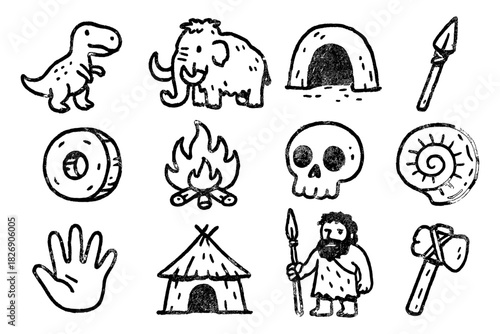 Prehistoric icons: hand-drawn stone age elements with dinosaurs, mammoth, caveman, and tools