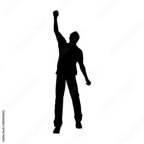 Silhouette of Triumph: A strong and determined figure with an arm raised in a moment of celebration, standing as a silhouette against a bright background, representing success and determination.