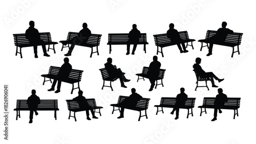 People sitting on benches silhouettes isolated on white background, Vector