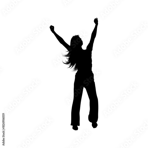 Silhouette of Triumph: A graceful silhouette of a woman with arms raised in victorious celebration, her flowing hair a dynamic counterpoint to her poised stance.