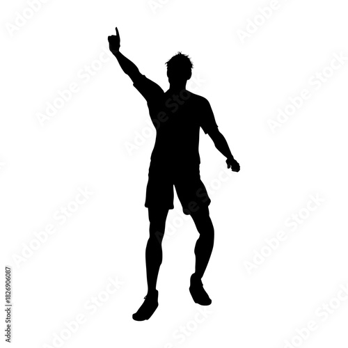 Silhouette of Exuberant Victory: A dynamic silhouette captures a figure celebrating, arm raised high in triumphant victory, poised with confident energy, against a clean backdrop.