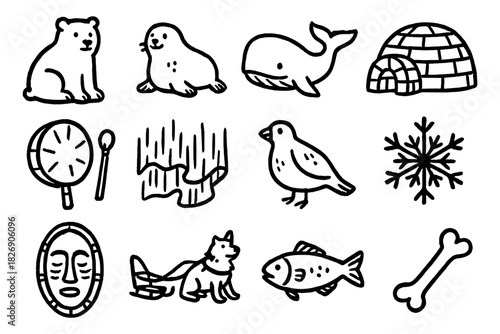 Hand-drawn arctic icons: animals, igloo, and snowflake