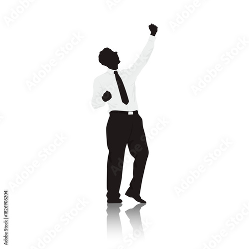 Triumphant Silhouette: A silhouette of a businessman exudes joy and accomplishment, arm raised in triumph against a simple background.