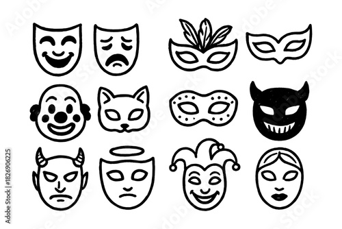 Set of theatrical and carnival masks in bold linear style