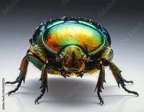 Close-up studio shot of a vibrant beetle showcasing iridescent, metallic colors, detailed texture, and six legs on a reflective surface