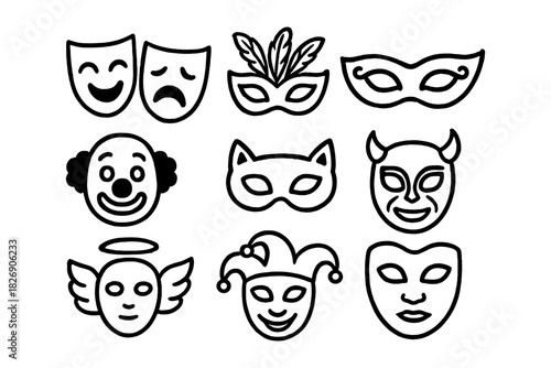 Collection of theater and carnival masks in bold outline style