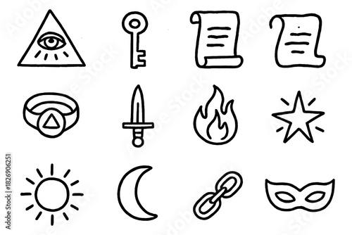Mystical icons collection featuring eye key scroll sword and more in linear style