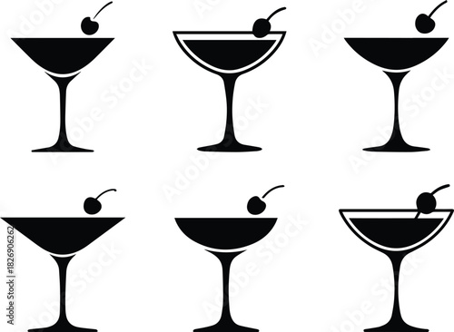 Set of Minimalist black martini cocktail glass beverage silhouette vector icon
