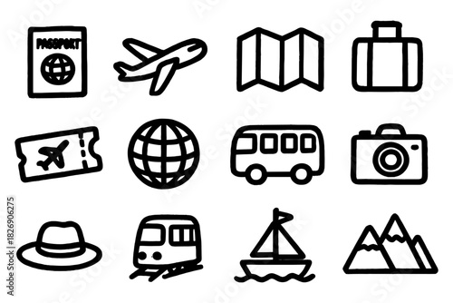 Travel icons set featuring transportation, luggage, and adventure elements in bold linear style