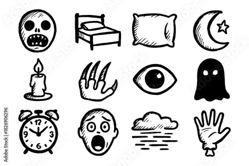 Spooky hand-drawn halloween icons with ghosts, eyes, and scary faces