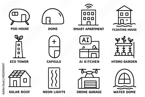 Modern housing concepts: smart architecture icons featuring innovative and eco-friendly designs