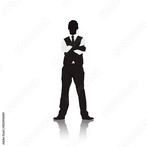 Confident Silhouette: A striking silhouette of a business professional exudes confidence with arms crossed, symbolizing a powerful and assertive presence in the corporate world. 