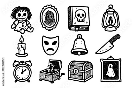 Spooky halloween doodle icons: ghosts, skulls, and more