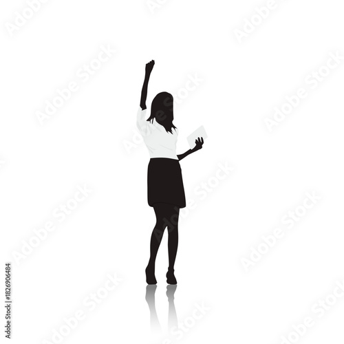 Silhouette of a Determined Woman: A strong silhouette of a woman in business attire with an arm raised. she holds a document. The image exudes a sense of resolve and empowerment.