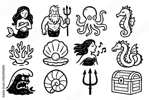Nautical myths and creatures in hand-drawn black and white