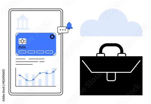 Mobile financial dashboard with card details, analytics, graph, notification, briefcase, and cloud. Ideal for finance, technology mobile apps business analytics banking storage. Simple flat