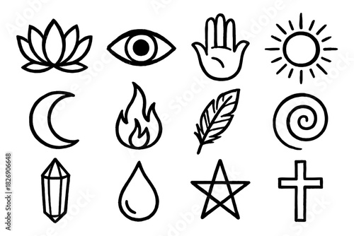 Minimalist spiritual symbols: hand-drawn lotus, eye, moon, sun, and more