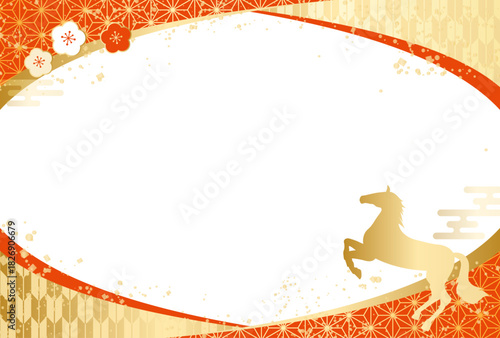 高級感のある 和柄 午年 梅 曲線フレーム 正月 新年 年賀状 2026年	