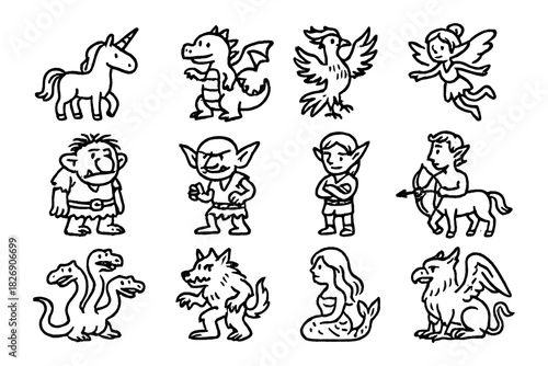 Charming mythical creatures doodle collection - fantasy icons and characters